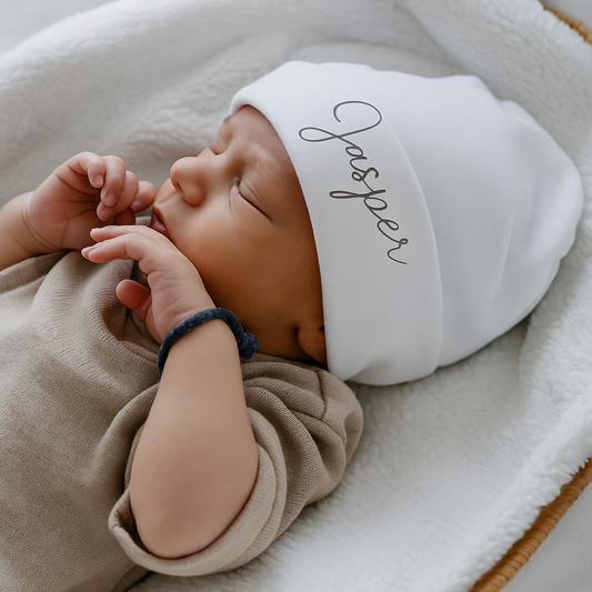 Babymutsje met Naam – Zacht & Gepersonaliseerd - jvrmonkeydesign #