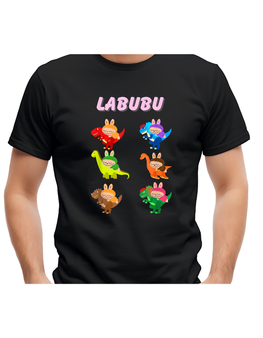 Zwart Labubu T-shirt met zes vrolijke Labubu-figuren in kleurrijke dinosauruspakken, unisex model voor kinderen en volwassenen