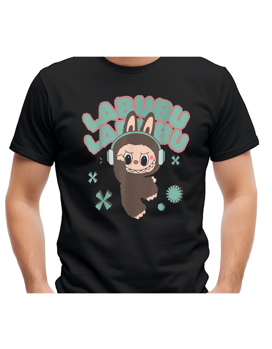 Labubu  T-shirt – Zwart Unisex – Met Hoofdtelefoon Print