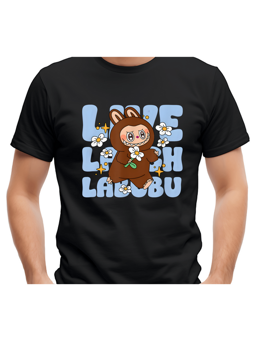 Love Laugh Labubu T-shirt – Zwart Unisex – Bloemenprint