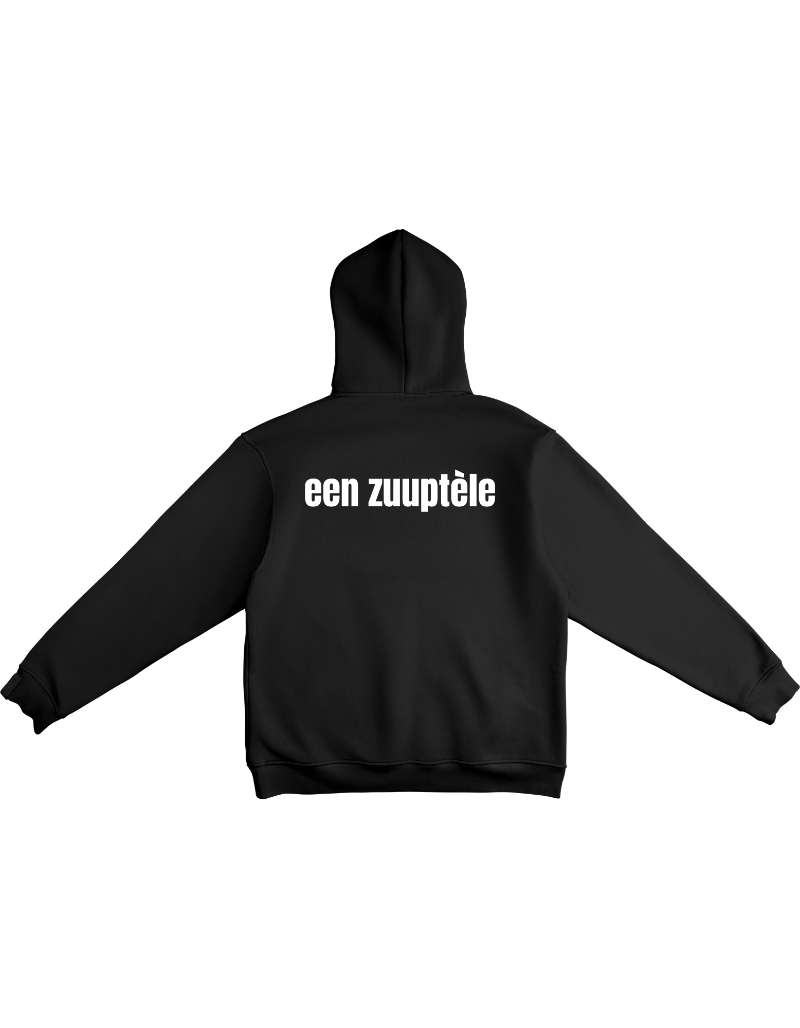 Zwarte hoodie met de West-Vlaamse tekst ‘Zuuptele’ in grote witte letters, gedragen als casual streetwear.