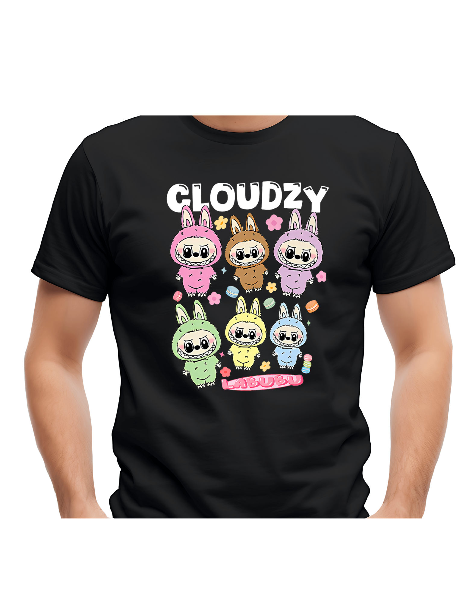 Zwart Cloudzy Labubu T-shirt met zes kleurrijke bunny-figuren in pastelkleuren, unisex model voor kinderen en volwassenen.