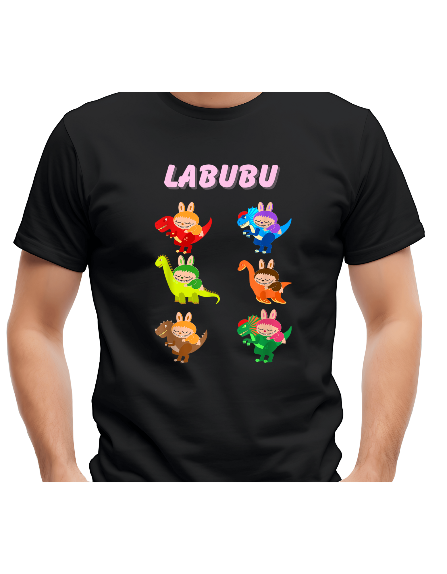 Zwart Labubu T-shirt met zes vrolijke Labubu-figuren in kleurrijke dinosauruspakken, unisex model voor kinderen en volwassenen